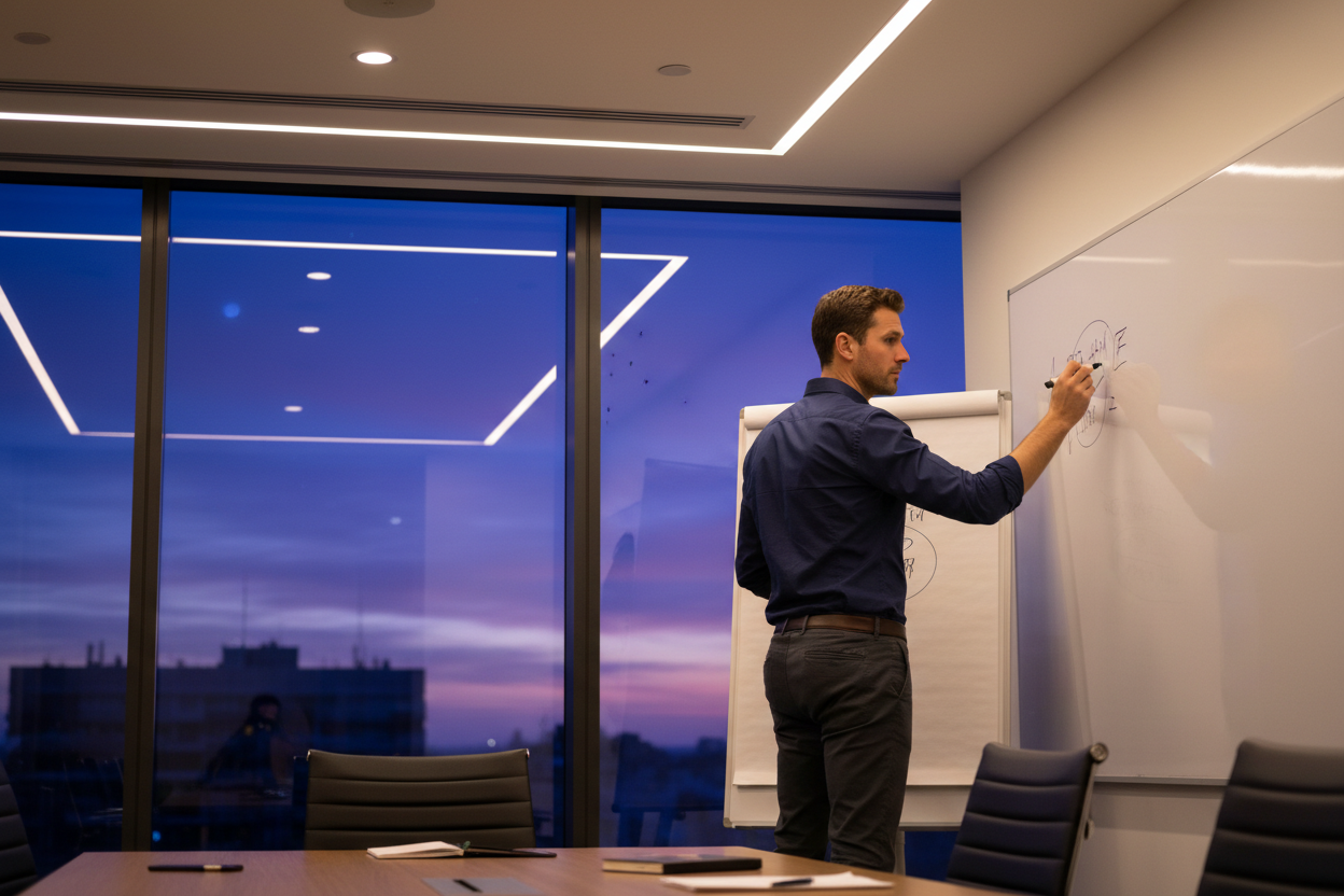generate a 35 year old man good looking , writing on a white board some business stuff, but you cant see it.., with the window showing its just about dark