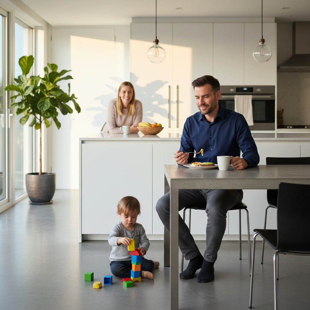 i need a professional looking man about 34 eating breafest in hte moring in a modern kitchen  getting ready to go to work with his  child around and his wife in the kitchen to that looks natural setting .. 1;1 photo